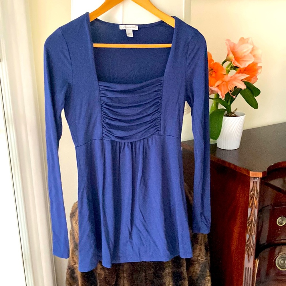 Navy blue square neck long blouse tunic shirt long sleeve top